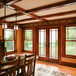 A-Series Double-Hung Windows, Oak Interior, Prairie Grilles Upper Sash Only. Frenchwood Hinged Patio Door, Oak Interior