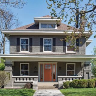 Gray Brick Craftsman Style House with Open Porch; Shutterstock ID 1087061645; Purchase Order: -